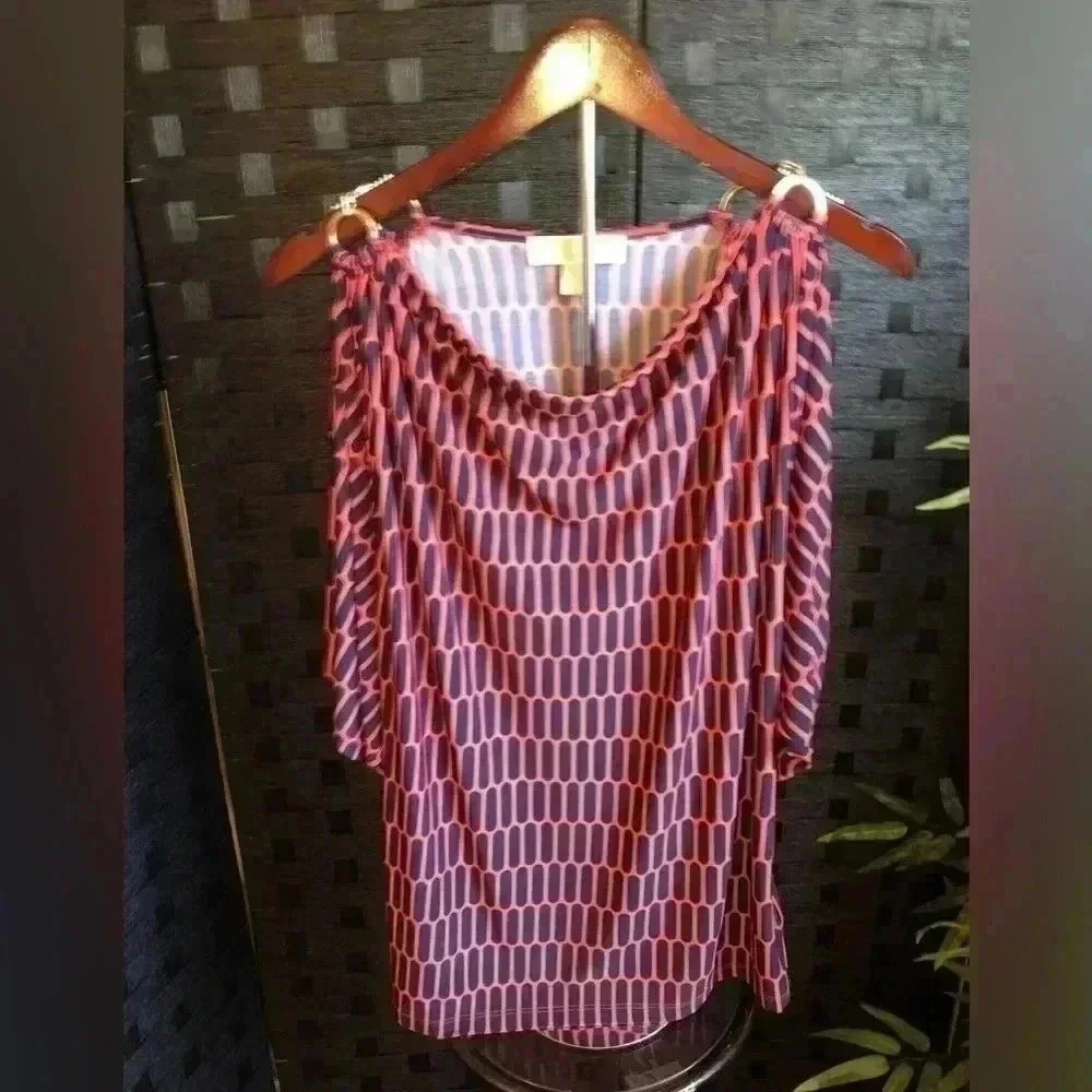 Michael Kors Size S Red and Navy Geometric women’s top with gold link sleeves